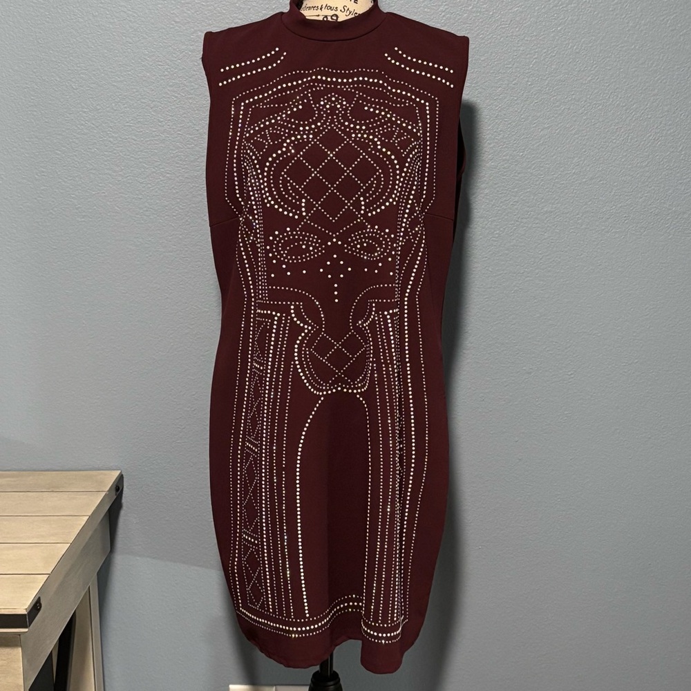 Say What? Sleeveless Burgundy Dress with Rhinestones